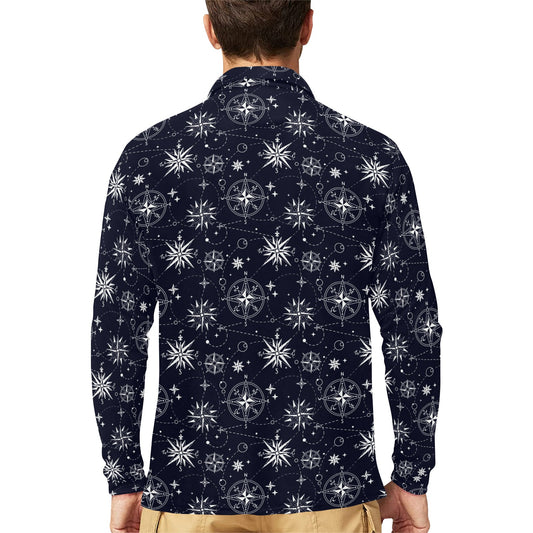 Nautical Sky Design Themed Print Long Sleeve Polo Shirt For Men's