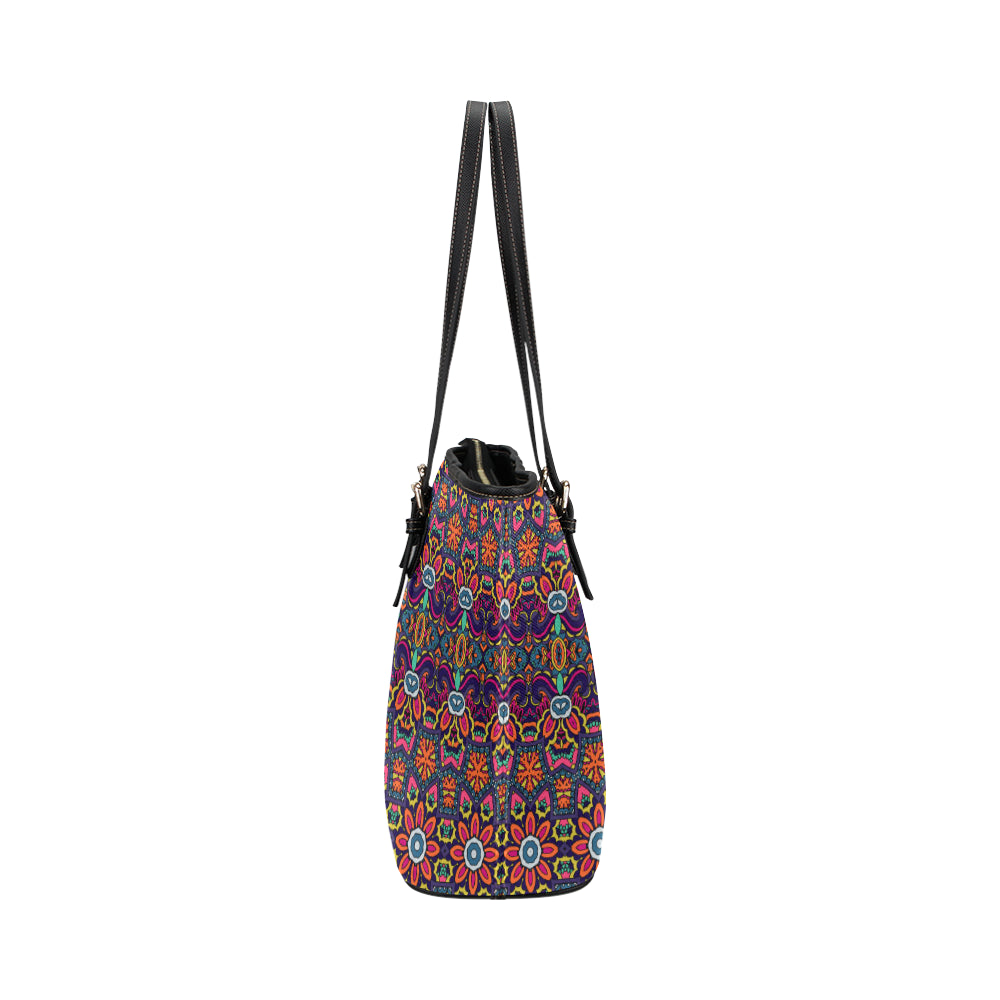 Ethnic Flower Style Print Pattern Leather Tote Bag