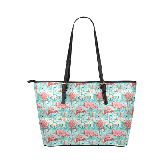 Flamingo Background Themed Print Leather Tote Bag