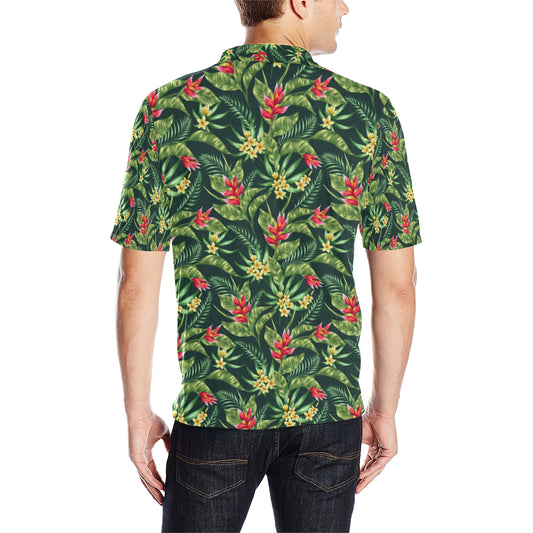 Tropical Folower Red Heliconia Print Men Polo Shirt
