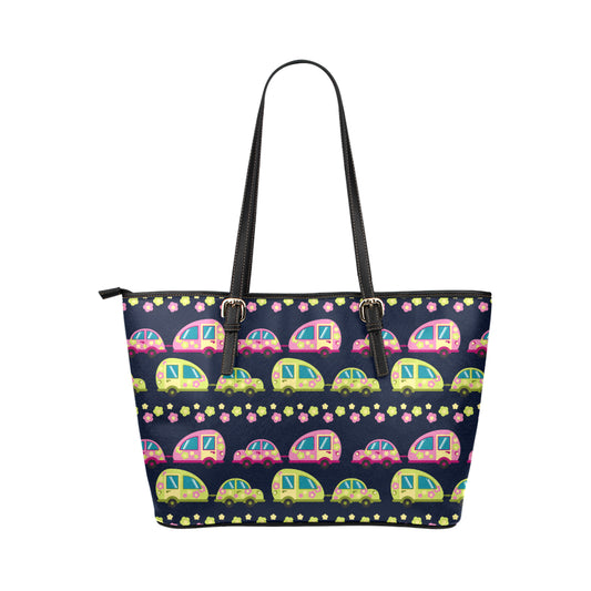 Camper Cute Camping Design No 3 Print Leather Tote Bag
