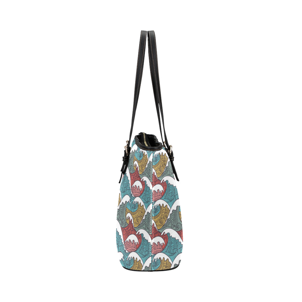 Tribal Wave Pattern Print Leather Tote Bag