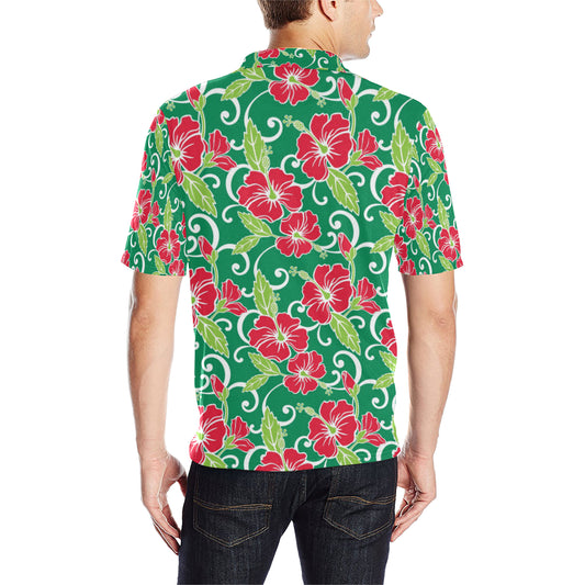 Red Hibiscus Pattern Print Design HB019 Men Polo Shirt
