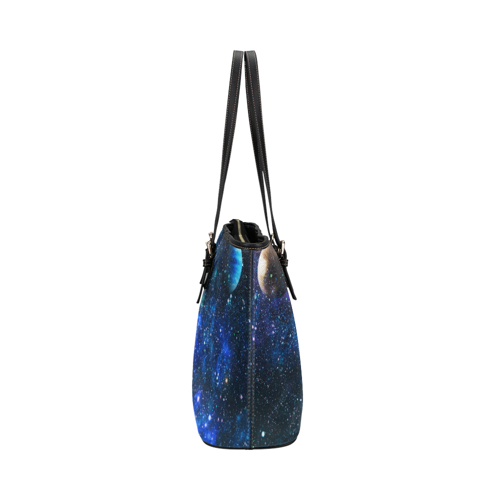 Galaxy Stardust Planet Space Print Leather Tote Bag