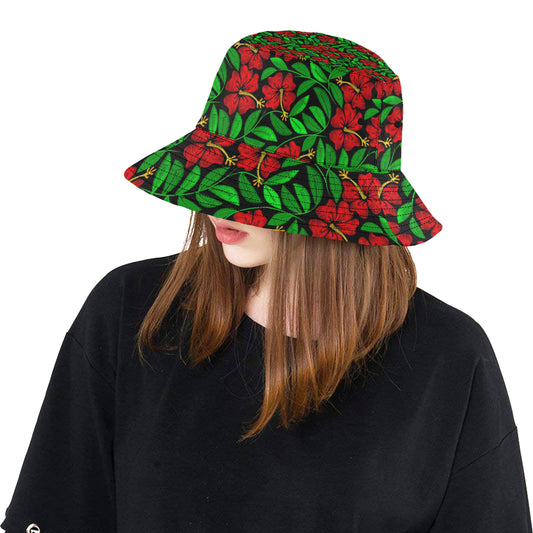 Red Hibiscus Embroidered Pattern Print Design HB03 Unisex Bucket Hat