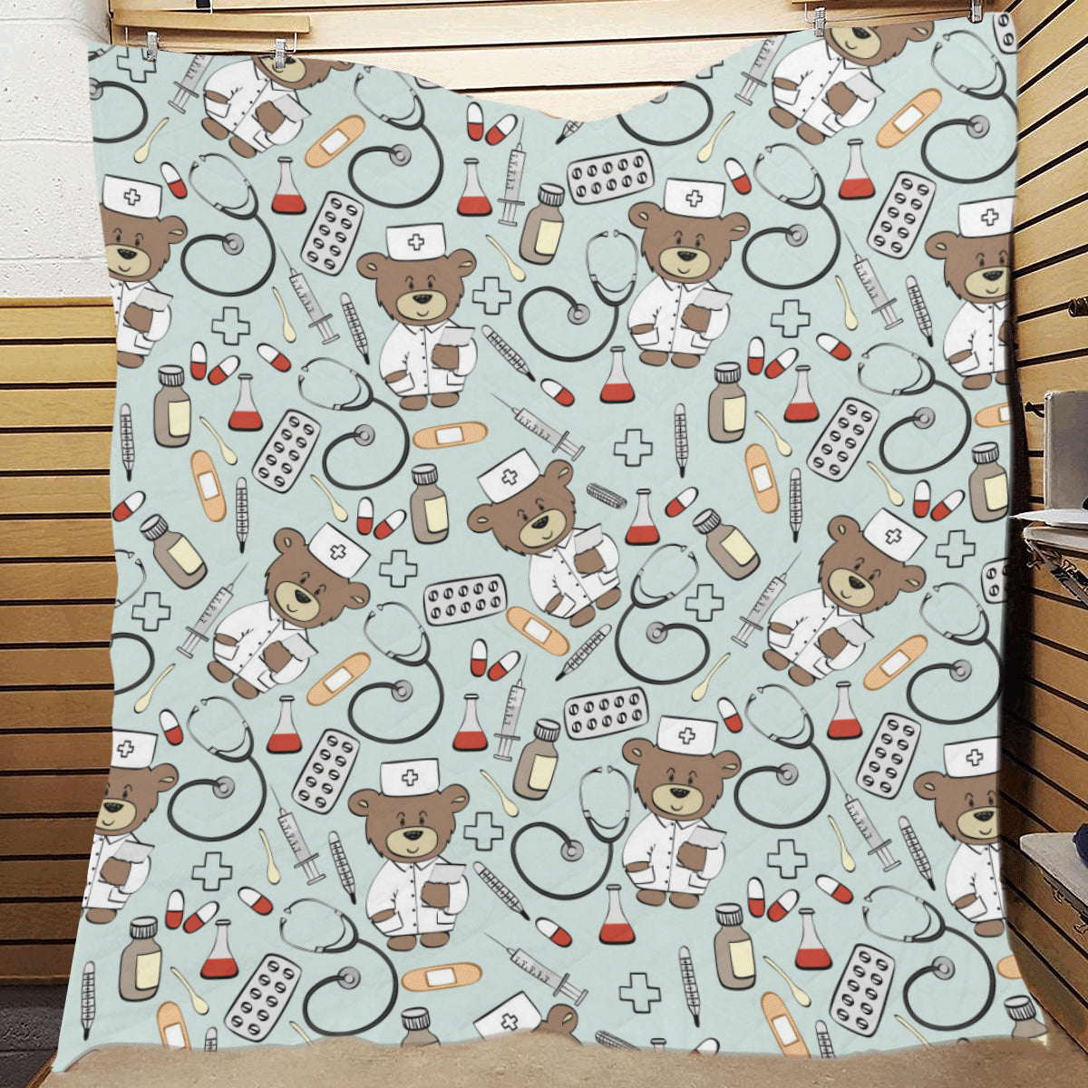 Nurse Bear Pattern Print Design A01 Premium Quilt
