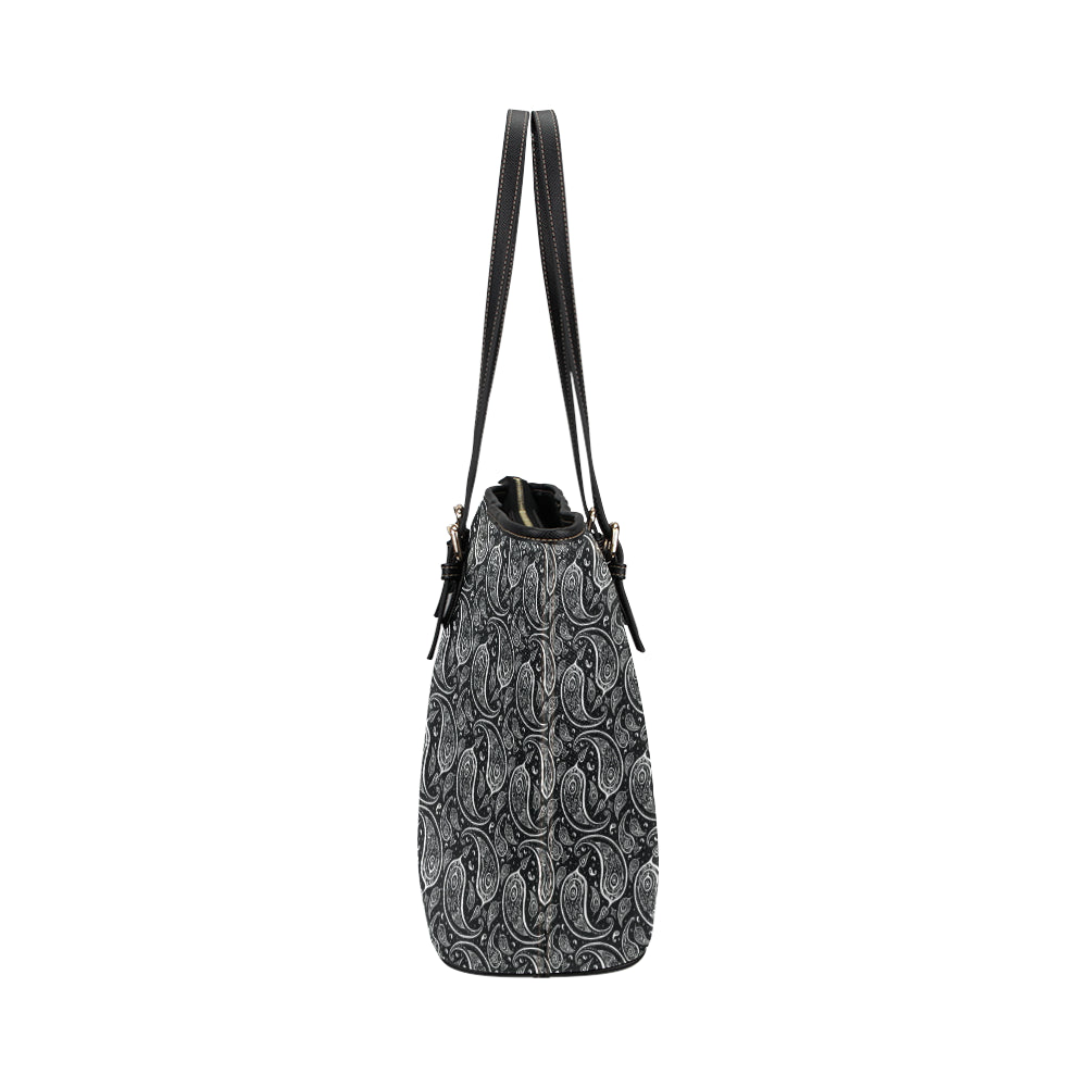 Paisley Black Design Print Leather Tote Bag
