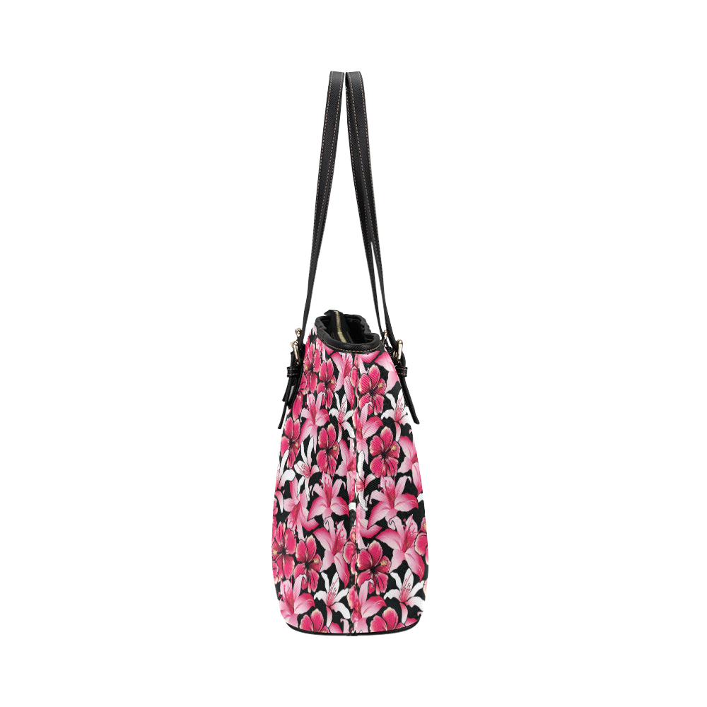 Flower Hawaiian Pink Red Hibiscus Print Leather Tote Bag