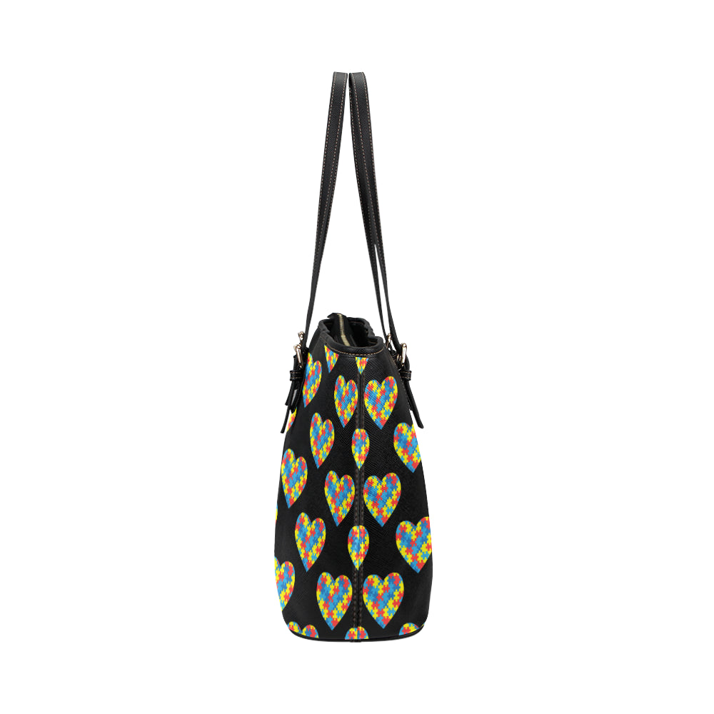 Autism Awareness Heart Design Print Leather Tote Bag