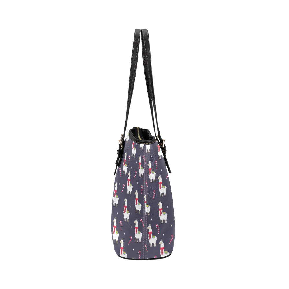 Llama with Candy Cane Themed Print Leather Tote Bag