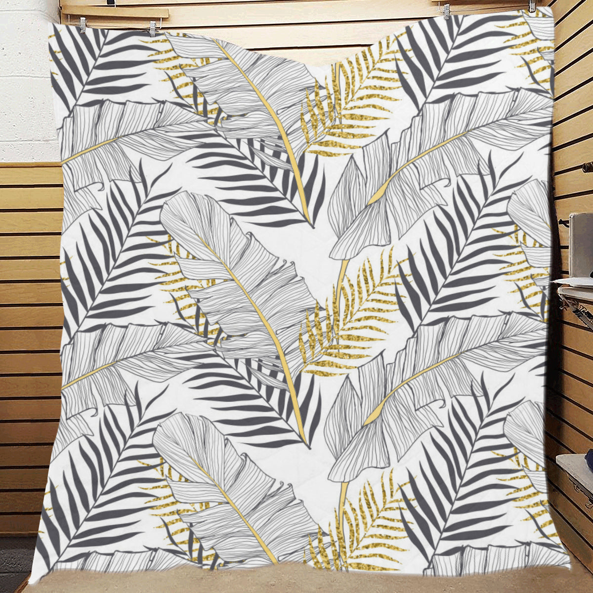 Gold Glitter Tropical Palm Leaves Premium Quilt