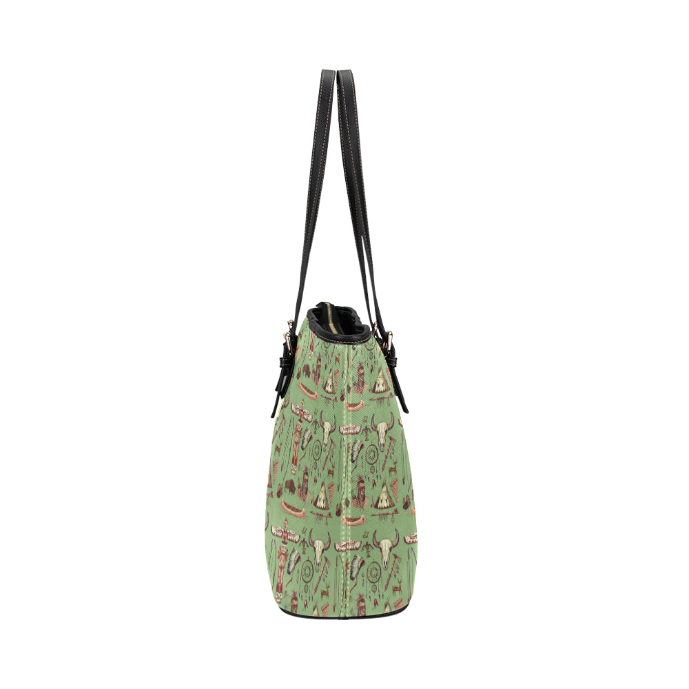 Native Indian Themed Design Print Leather Tote Bag