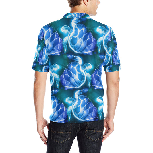 Blue Neon Sea Turtle Print Men Polo Shirt