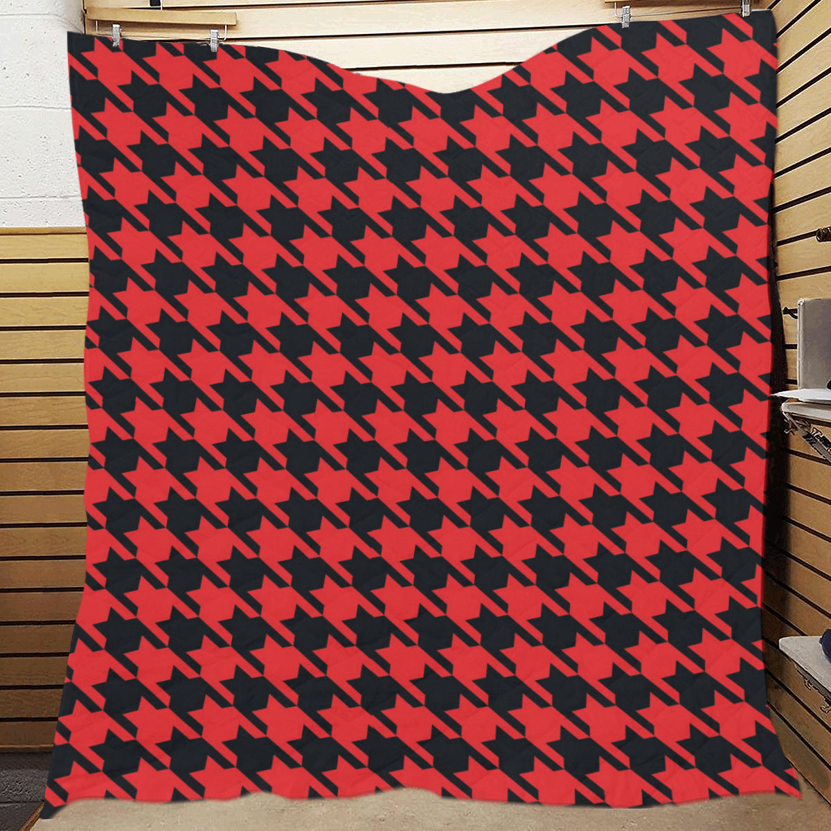 Houndstooth Red Pattern Print Design 03 Premium Quilt