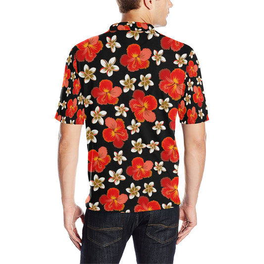 Red Hibiscus Pattern Print Design HB022 Men Polo Shirt