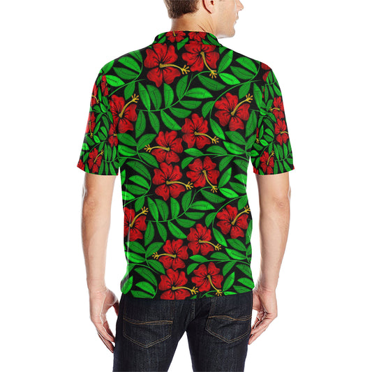 Red Hibiscus Embroidered Pattern Print Design HB03 Men Polo Shirt