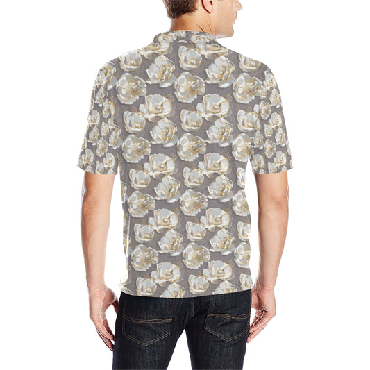 Elegant Grey Flower Print Men Polo Shirt