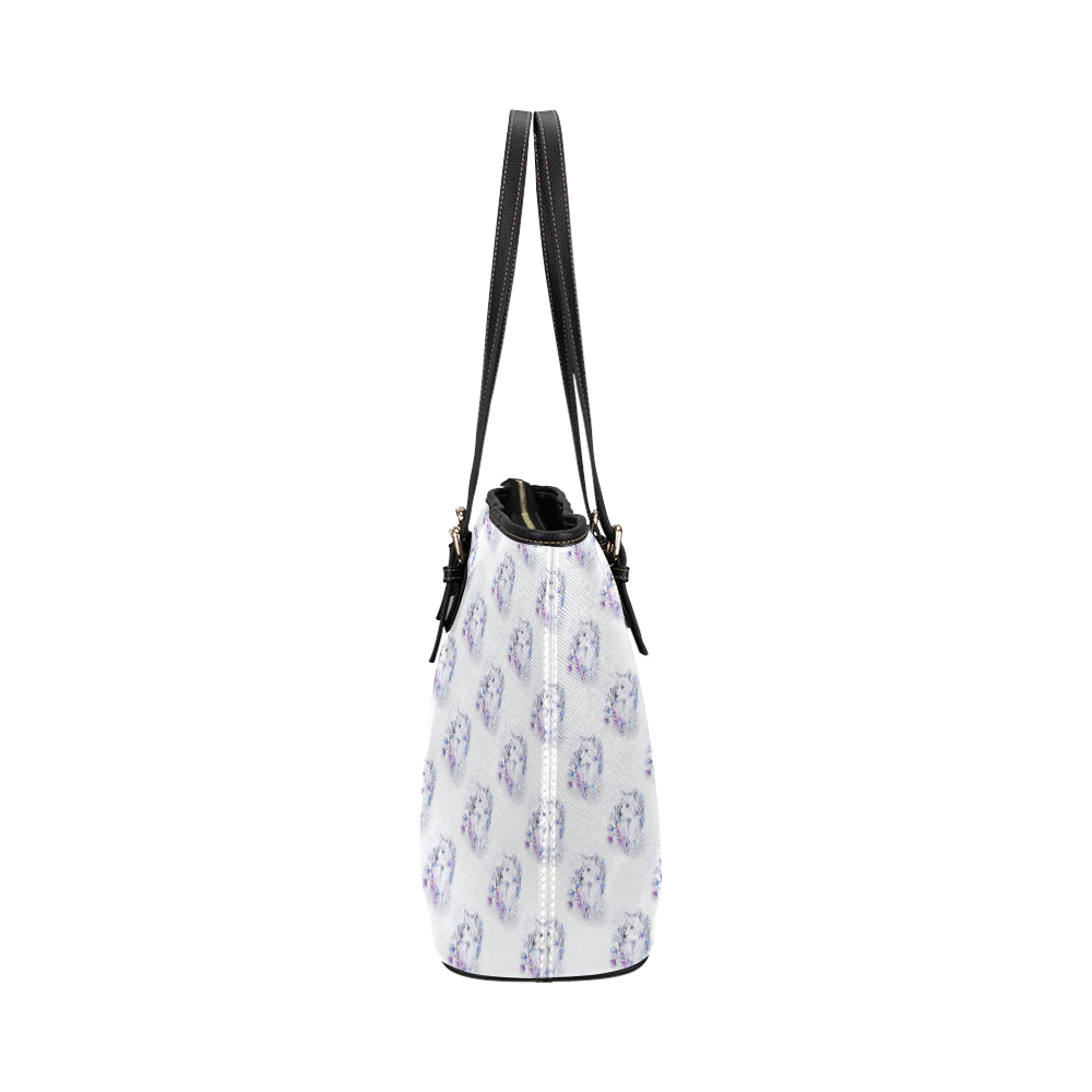 Wolf with Flower Print Design Leather Tote Bag
