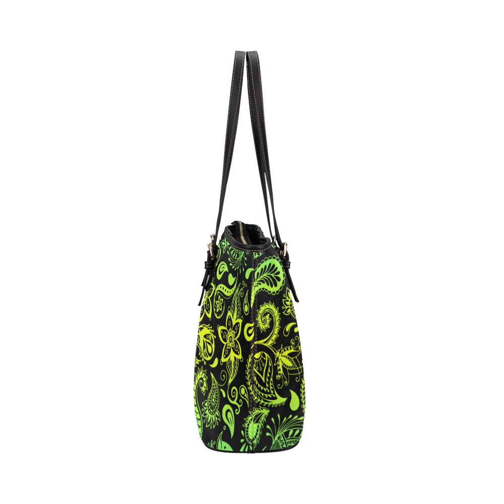 Paisley Green Design Print Leather Tote Bag