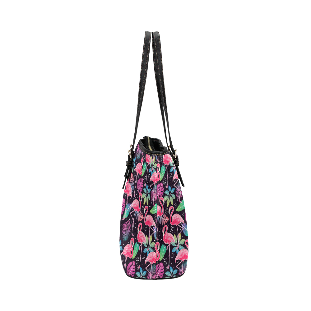 Flamingo Tropical leaves Neon Print Leather Tote Bag