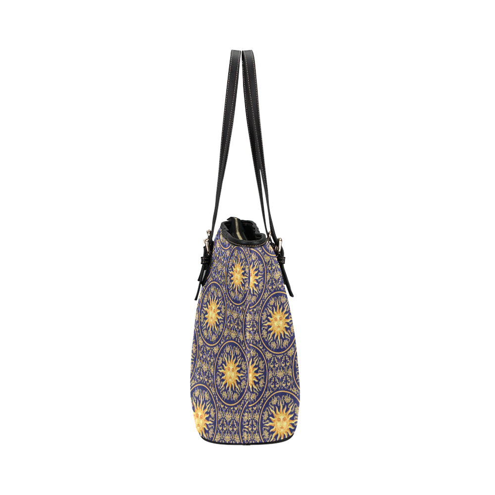 Celestial Gold Sun Face Leather Tote Bag