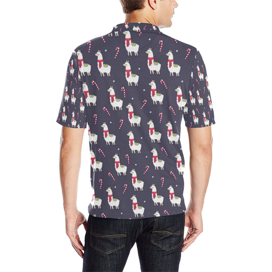 Llama with Candy Cane Themed Print Men Polo Shirt
