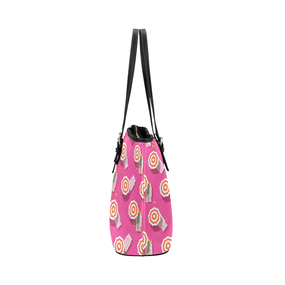 Beach Top View Umbrella Theme Leather Tote Bag