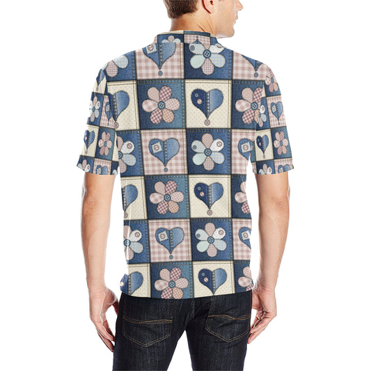 Patchwork Heart Flower Pattern Print Design 01 Men Polo Shirt