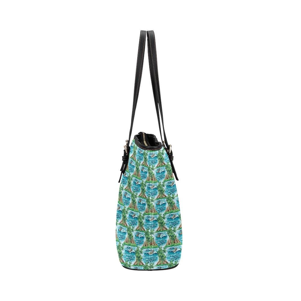 Palm Tree Hawaiian Themed Design Print Leather Tote Bag