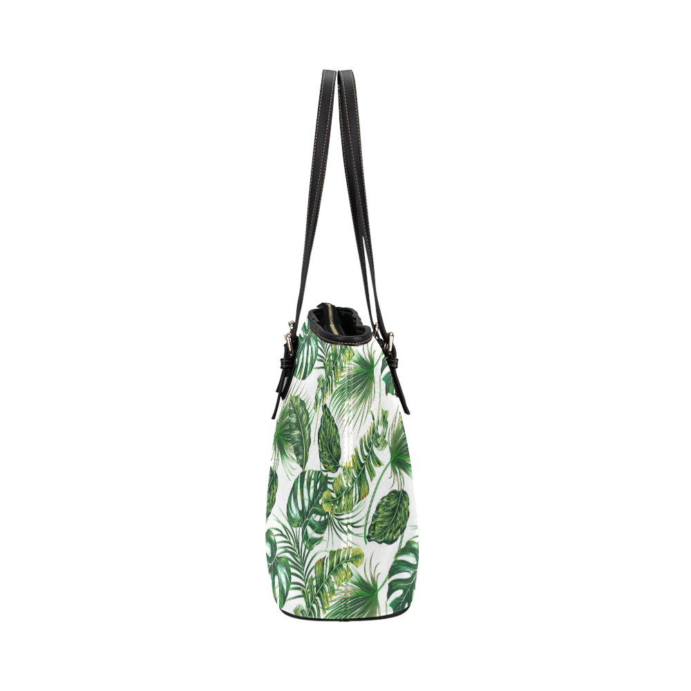 Green Pattern Tropical Palm Leaves Leather Tote Bag