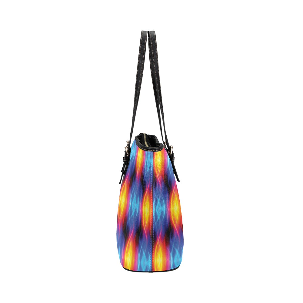 Flame Fire Blue Design Print Leather Tote Bag