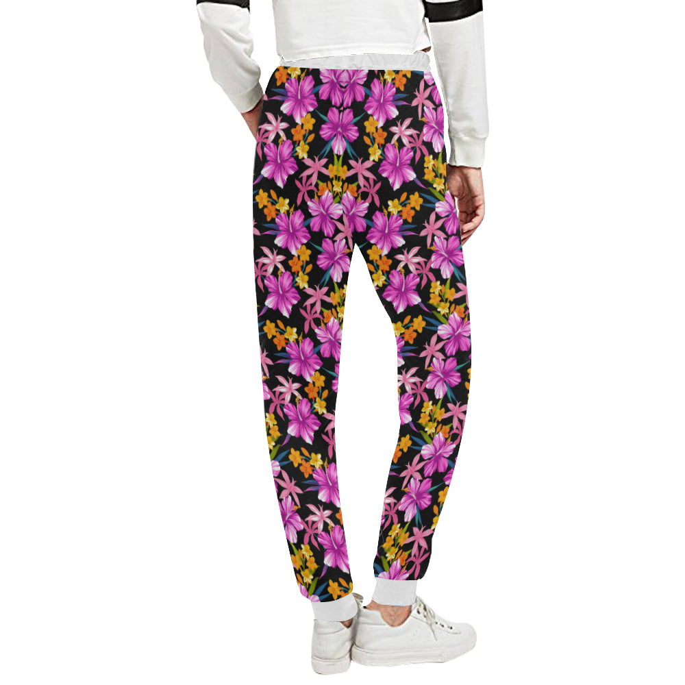 Tropical Folower Pink Hibiscus Print Unisex Sweatpants
