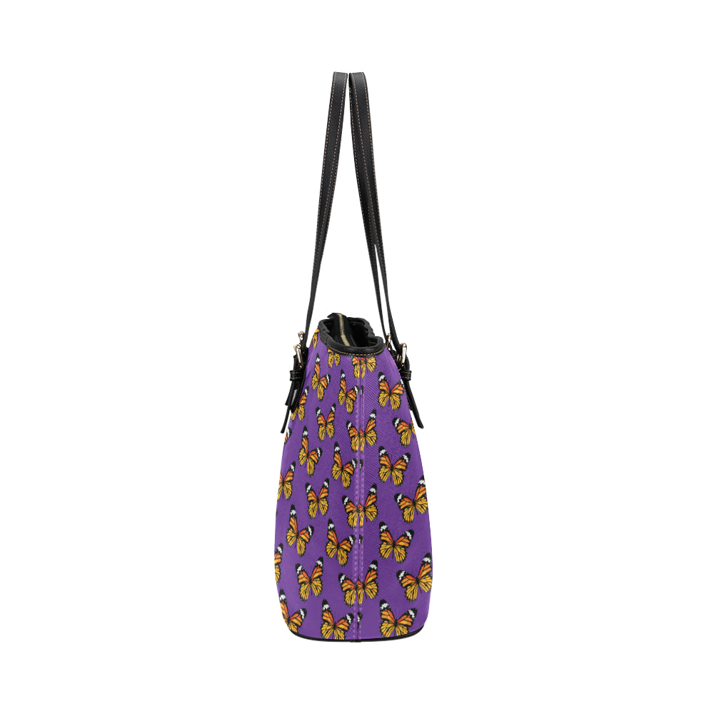Monarch Butterfly Purple Print Pattern Leather Tote Bag