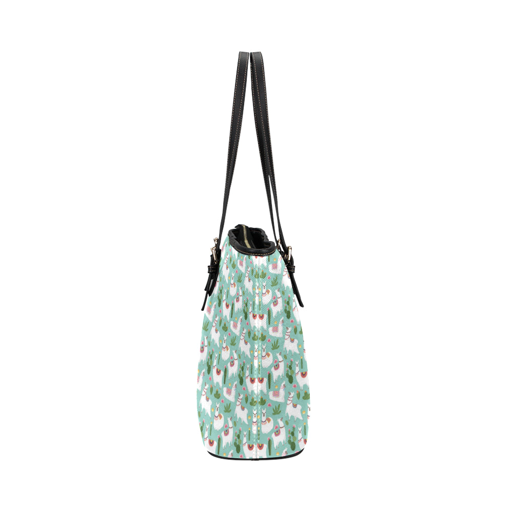 Llama with Cactus Themed Print Leather Tote Bag