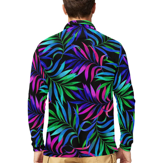 Tropical Flower Pattern Print Design TF010 Long Sleeve Polo Shirt For Men's
