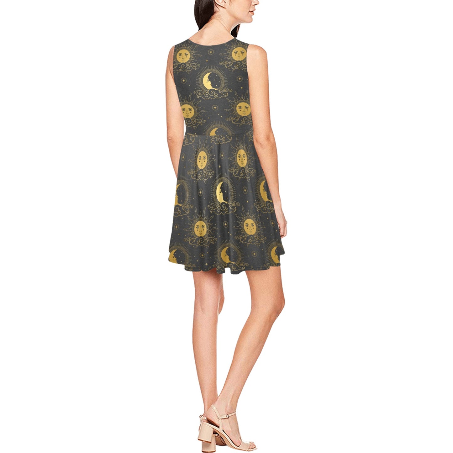 Celestial Moon Sun Pattern Print Design 05 Sleeveless Dress