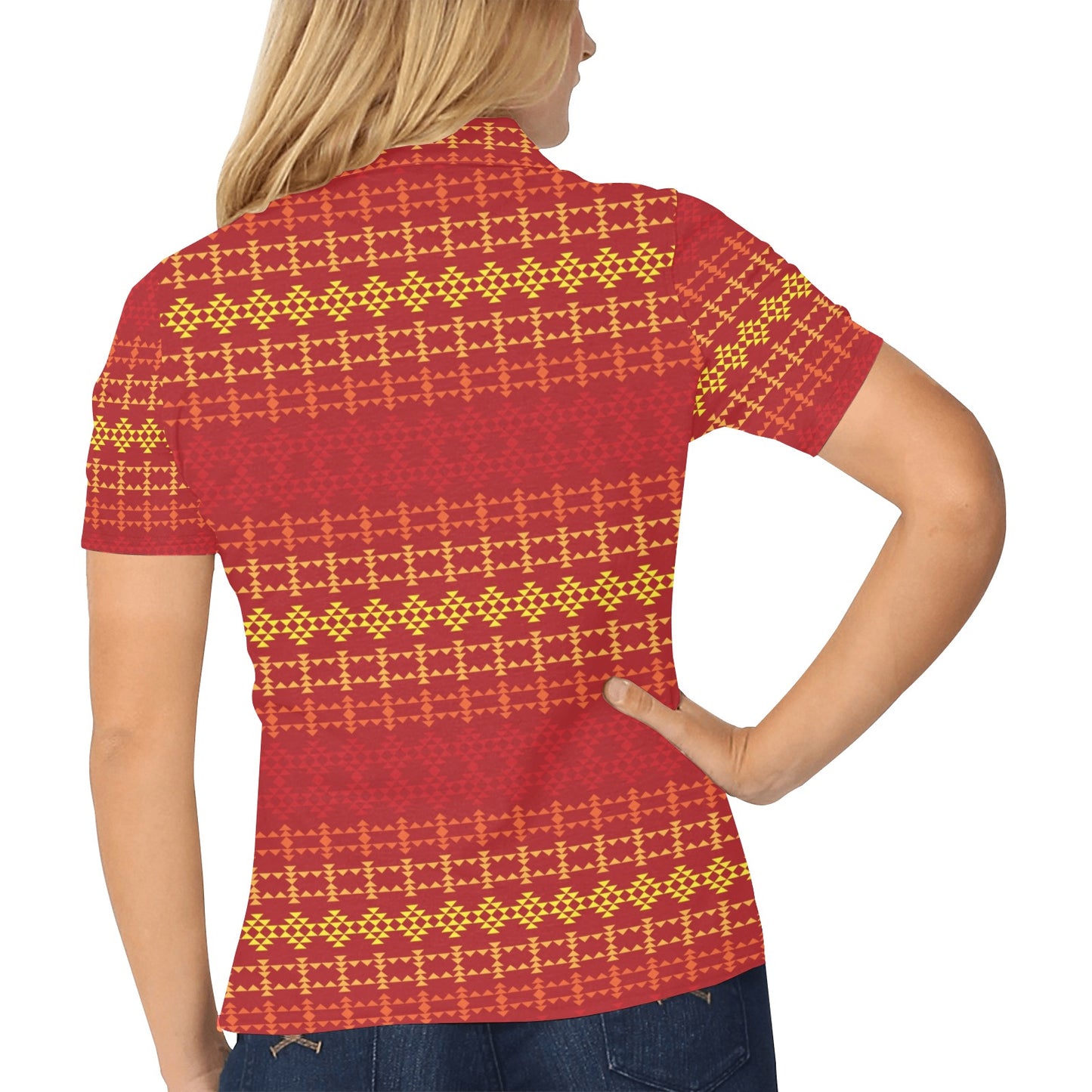 Southwest Red Gold Design Themed Print Women's Polo Shirt