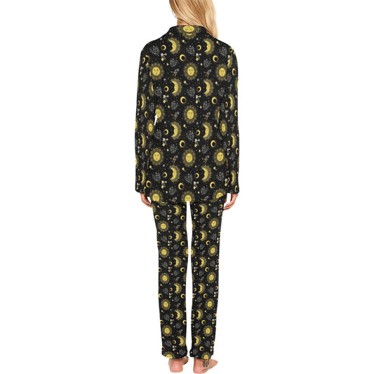 Sun Moon Golden Design Themed Print Women's Long Pajama Set
