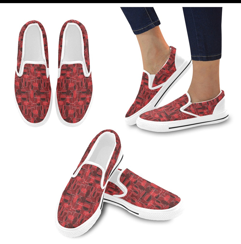 Wine Glass Print Design LKS301 White Slip Ons Canvas Women's Shoes