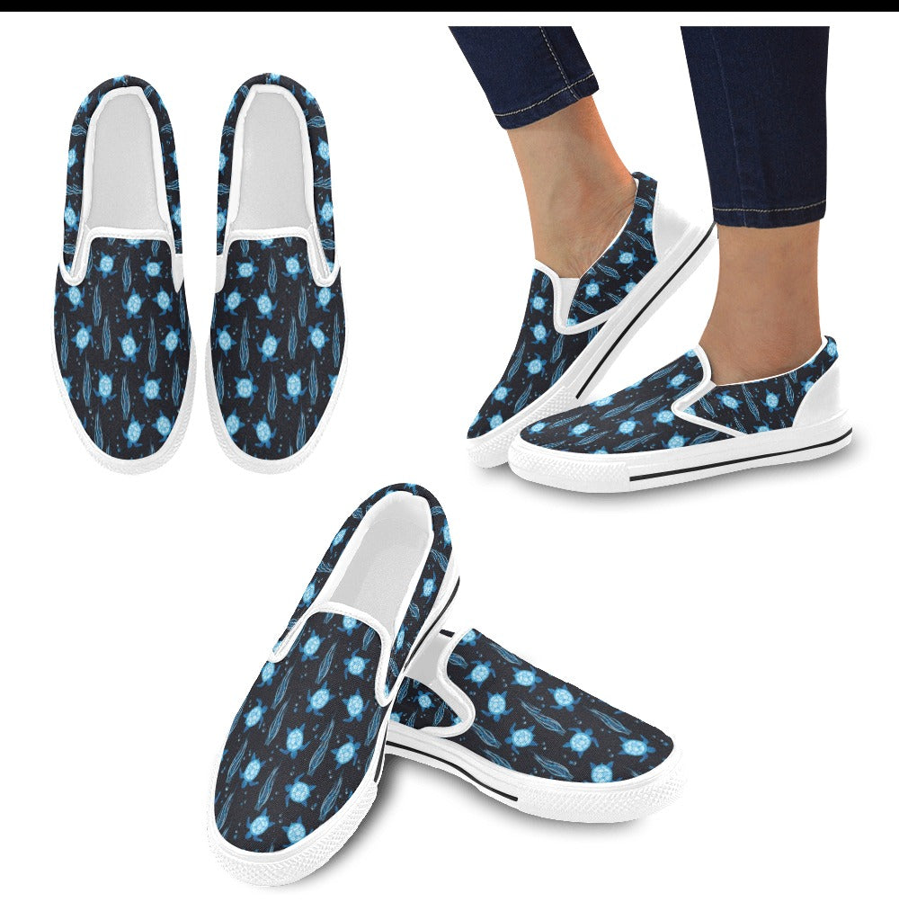 Sea Turtle Print Design LKS3013 White Slip Ons Canvas Women's Shoes