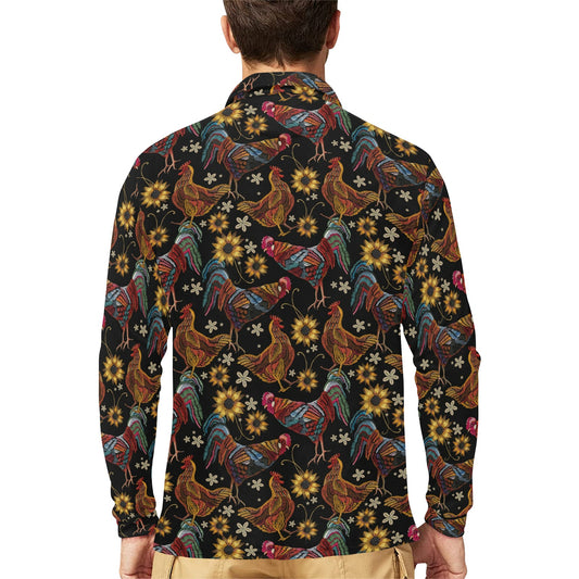 Chicken Embroidery Style Long Sleeve Polo Shirt For Men's