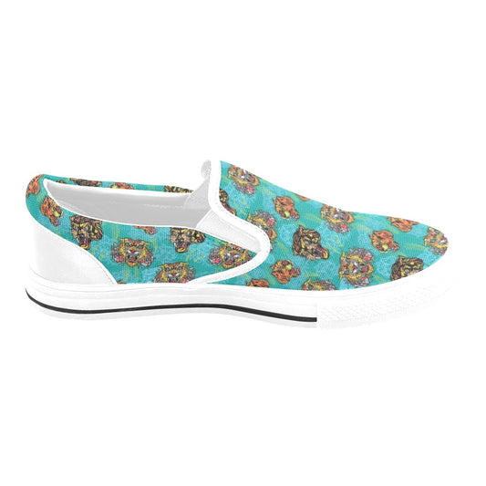 Tattoo Tiger Head Print Design LKS304 White Slip Ons Canvas Women's Shoes