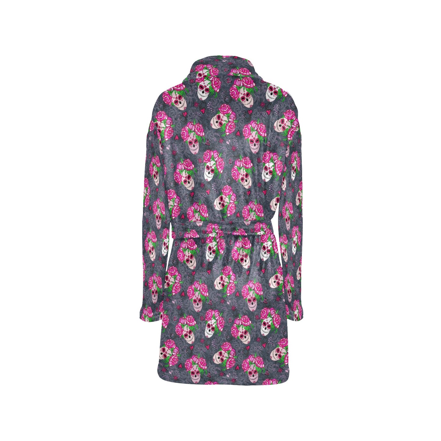 Sugar Skull Pink Rose Themed Print Women's Fleece Robe