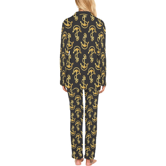 Anchor Gold Pattern Women's Long Pajama Set
