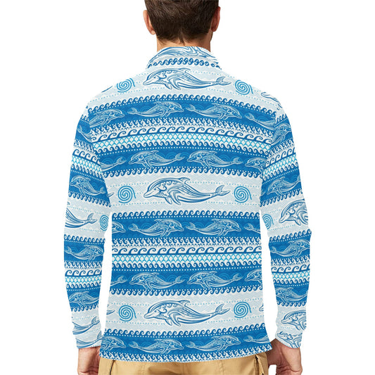 Dolphin Tribal Print Pattern Long Sleeve Polo Shirt For Men's