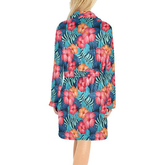 Red Hibiscus Pattern Print Design HB02 Women's Fleece Robe