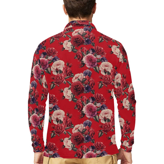 Rose Red Pattern Print Design RO07 Long Sleeve Polo Shirt For Men's