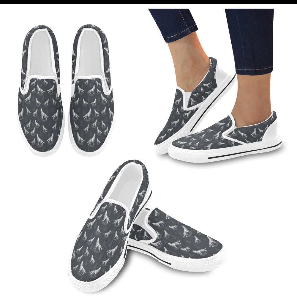 Wolf Print Design LKS303 White Slip Ons Canvas Women's Shoes