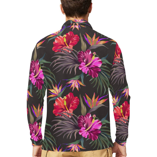 Hibiscus Pattern Print Design HB014 Long Sleeve Polo Shirt For Men's