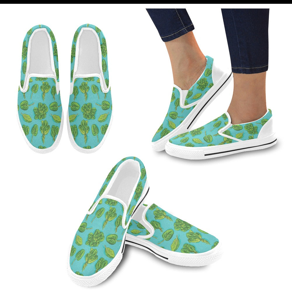 Spinach Print Design LKS301 White Slip Ons Canvas Women's Shoes